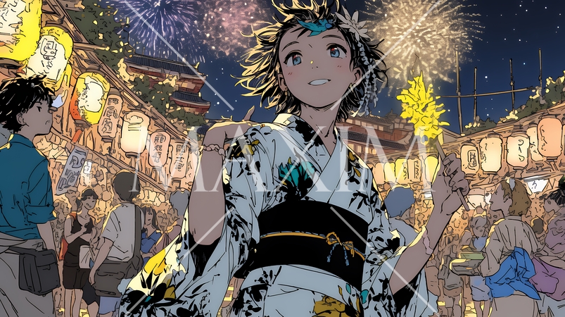 縁日屋台が立ち並び、賑わいを見せる祭りの夜