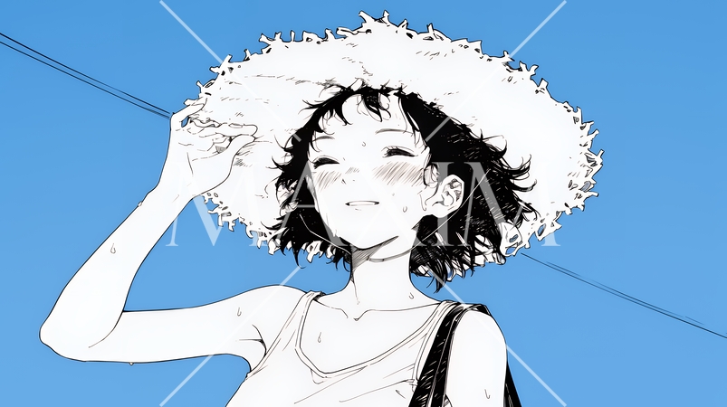 強烈な日差しでヘトヘト状態の女性（シンプルな色使い）