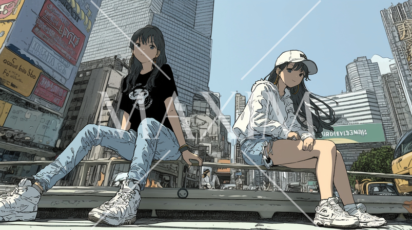 都会のビルの建ち並ぶ街角で背中合わせに座る二人の若い女性