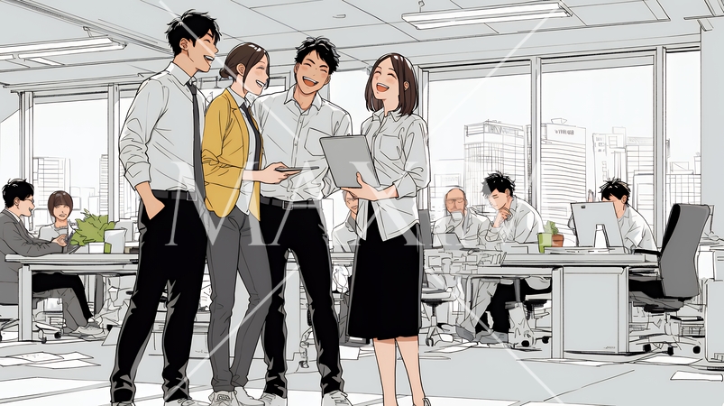 オフィスで立ったまま簡単な打合せをしているビジネスパーソン