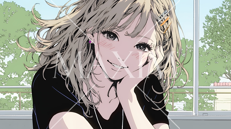 頬を赤らめて、照れ笑いする若い女性