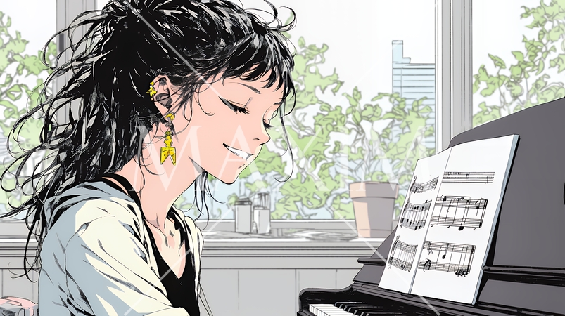 ピアノを弾いている若い女性