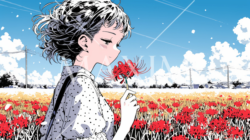 彼岸花がたくさん咲く小道を歩く若い女性