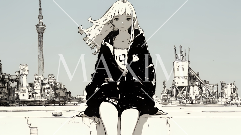 若い女性が佇む都市の街角（シンプルな色使い）