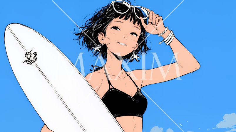 若い女性サーファーと夏のビーチの風景（シンプルな色使い）