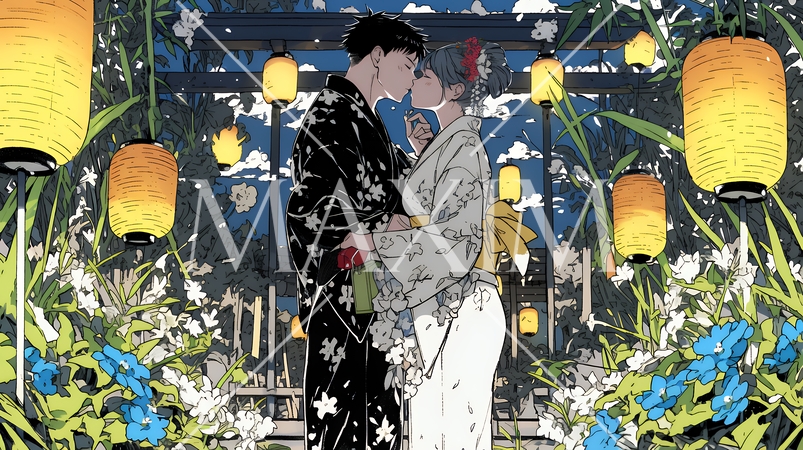 縁日屋台が立ち並び、賑わいを見せる祭りの夜