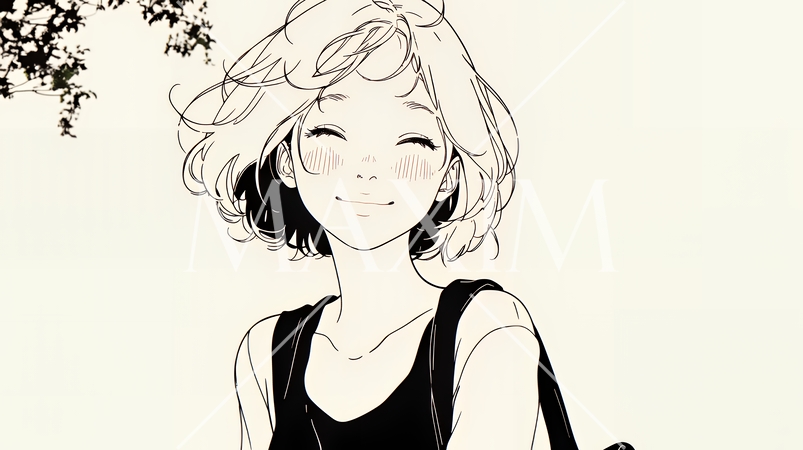 「うふふ」と微笑んでいる若い女性（シンプルな色使い）