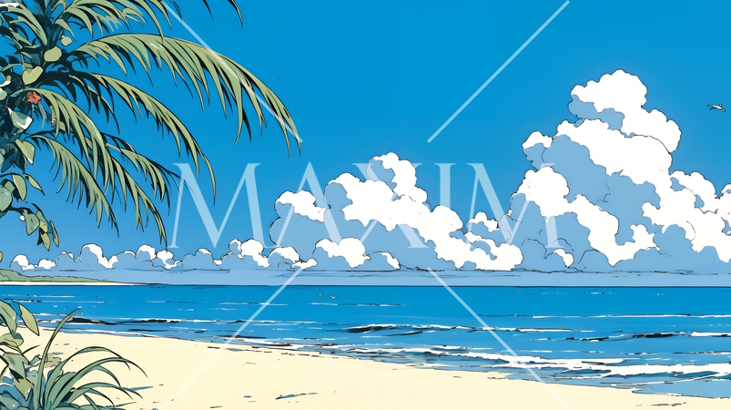 やしの木と海岸と海と青空がきれいな南国のリゾート：コピースペースあり