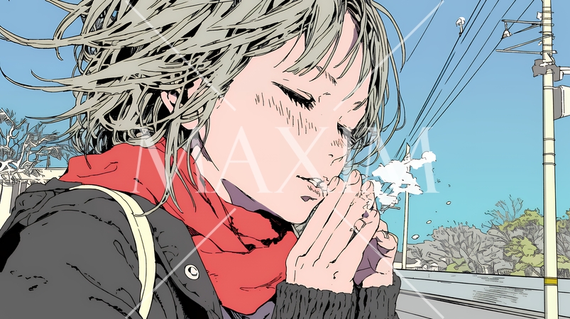 かじかんだ手に息を吹きかけて温めている若い女性