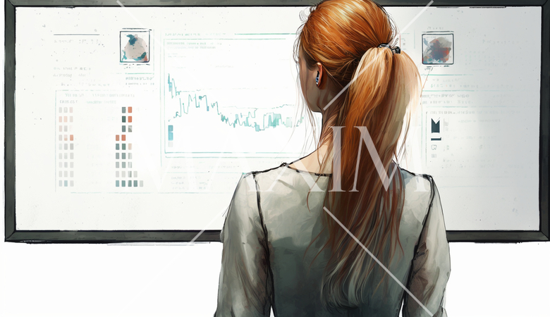 モニターに表示された株価チャートと注文画面を見つめる女性トレーダーの後ろ姿。