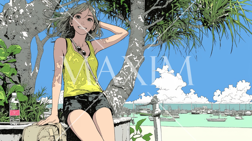 南国の海岸にビキニ姿でいる若い女性