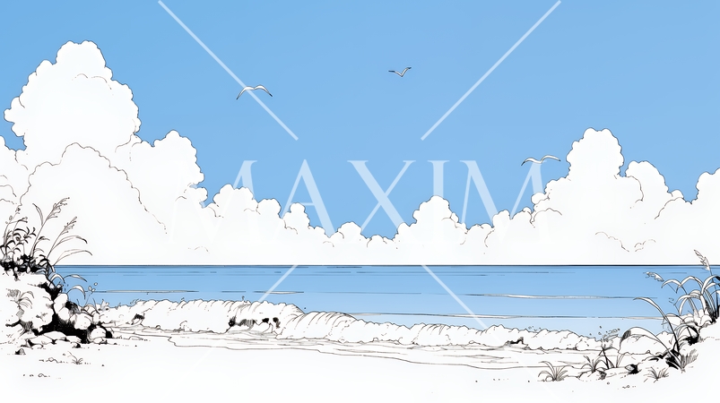 夏のビーチの風景（シンプルな色使い）