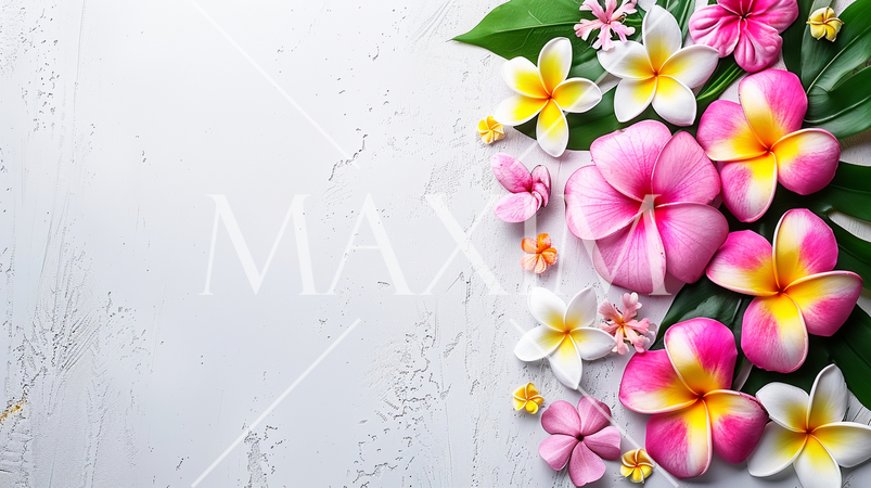 石膏ボードに並べた南国の花々・コピースペースあり