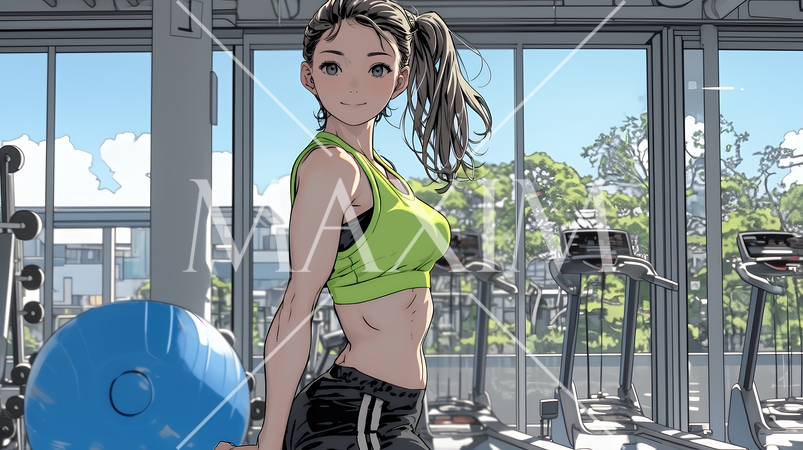 休日にジムで軽く運動する若い女性