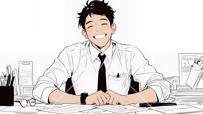 笑顔で対話しているビジネスパーソン（シンプルな色使い）