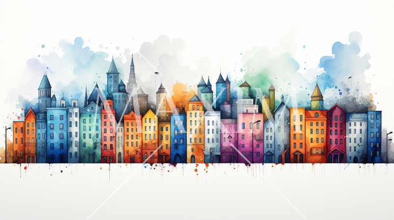 オフィスビル街のカラフルなポップアートなイメージ