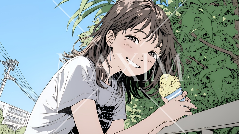 夏空の下でソフトクリーム（コーンに乗ったアイスクリーム）をたべる若い女性