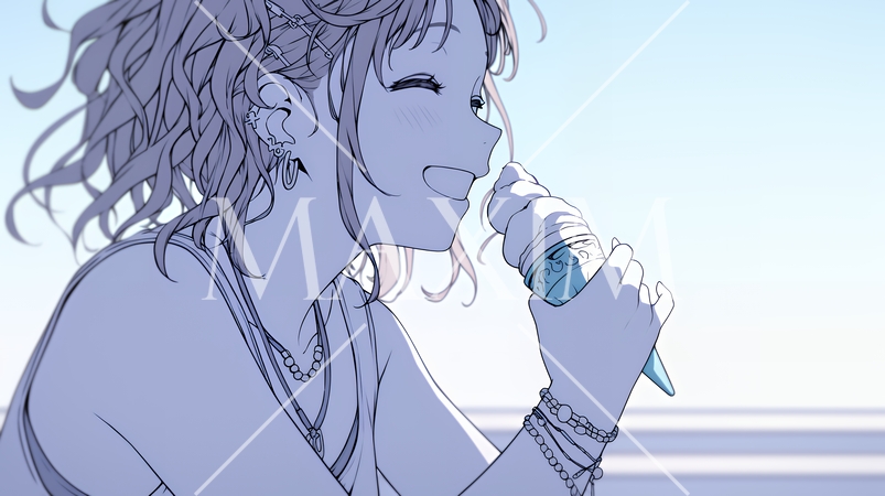 夏空の下でソフトクリーム（コーンに乗ったアイスクリーム）をたべる若い女性（シンプルな色使い）