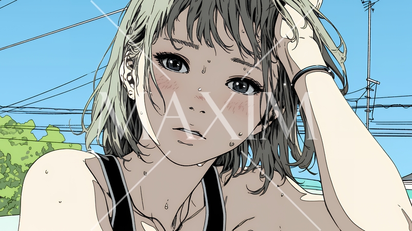 強烈な日差しでヘトヘト状態の女性（シンプルな色使い）