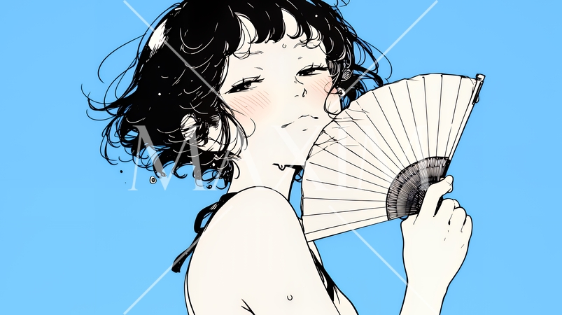 強烈な日差しでヘトヘト状態の女性（シンプルな色使い）