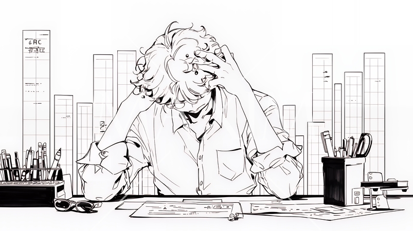 金融市場の急激な変動で頭を抱えている男性（シンプルな色使い）