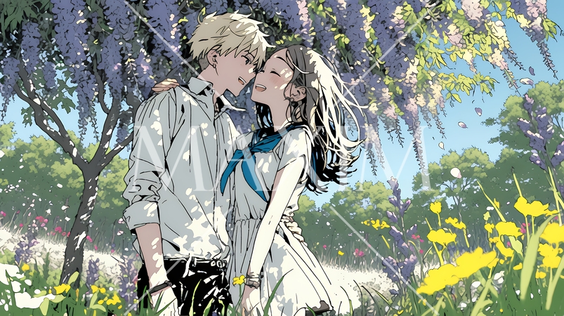 満開の藤の木の下でデートをしている若いカップル