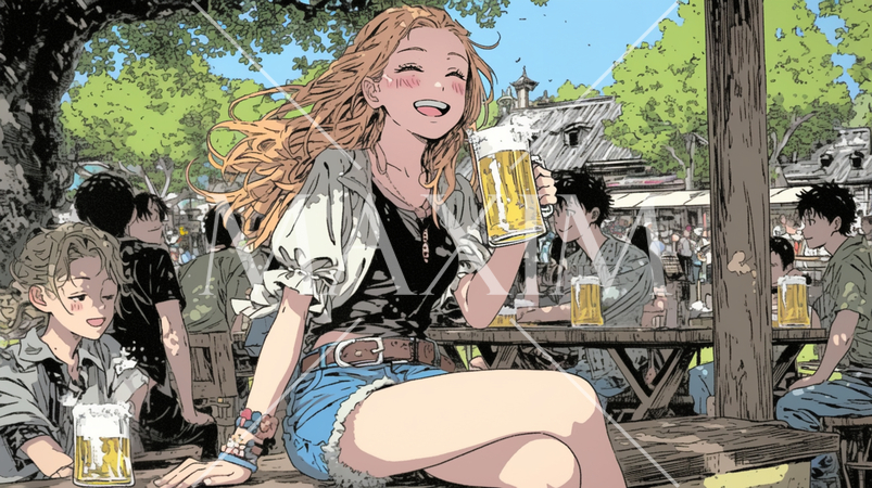 仲間とビアガーデンで大はしゃぎの若い女性