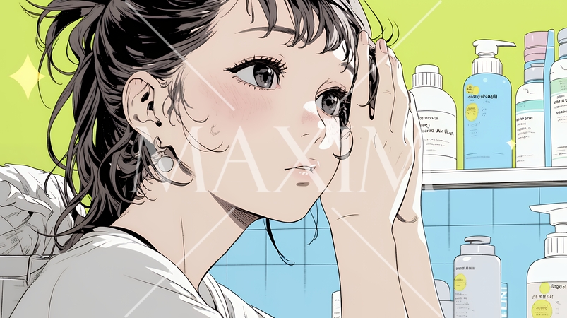 スキンケアを念入りに行う若い女性