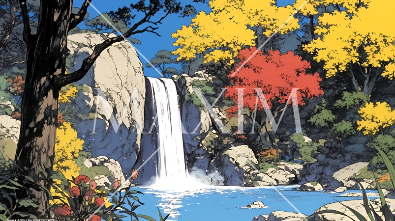 滝のある渓谷の紅葉