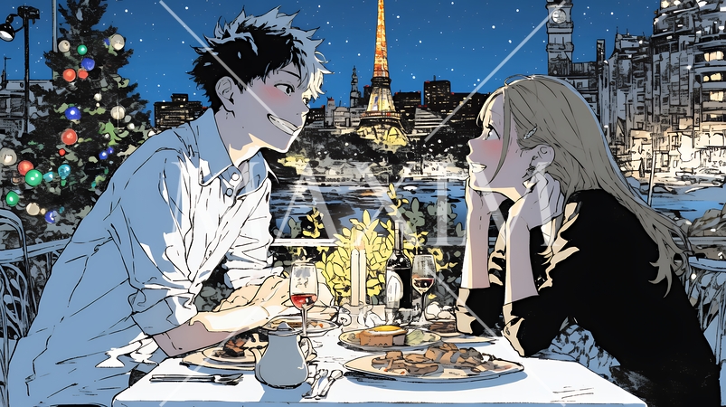 クリスマスディナーを楽しんでいる若いカップル