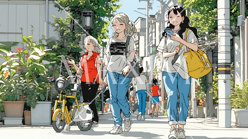 道端で会話を楽しむ若い主婦たち（ママ友たち）