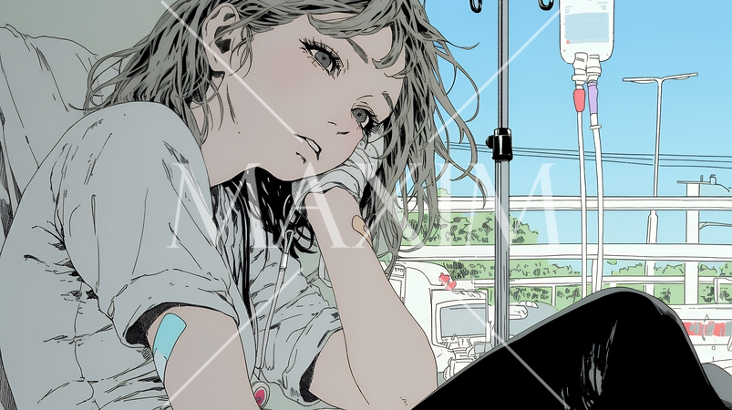 病院のベッドに腰掛けて気落ちしている女性