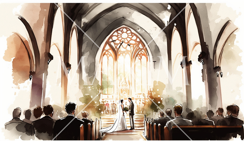 教会での結婚式の水彩画