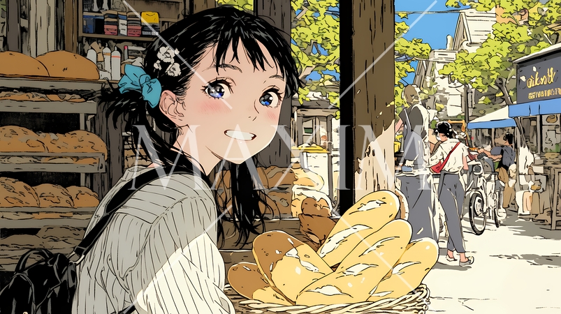 近所のパン屋で焼きたてパンを買う若い女性