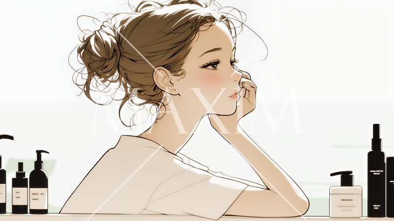 スキンケアを念入りに行う若い女性（シンプルな色使い）