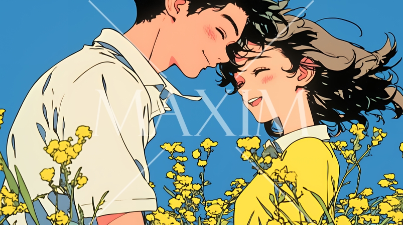 菜の花畑でデートをしている若いカップル