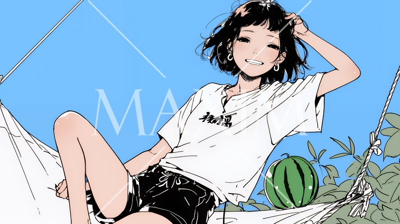 夏休みの思い出：スイカを抱いてハンモックで昼寝（シンプルな色使い）