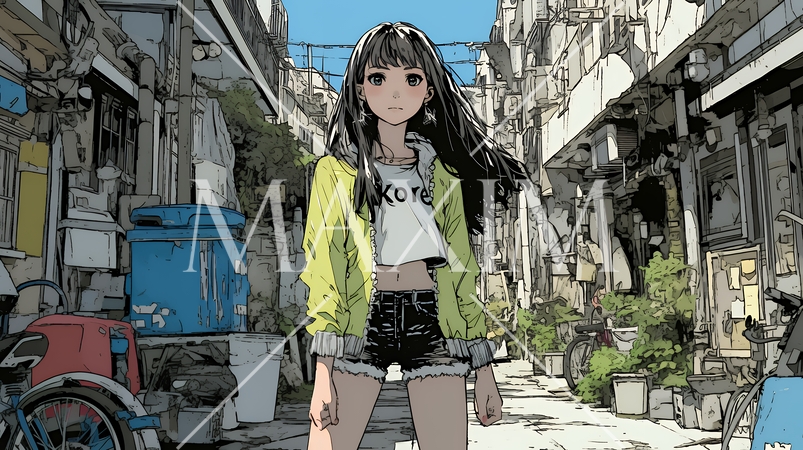 都会の治安の悪そうな場所にいる若い女性