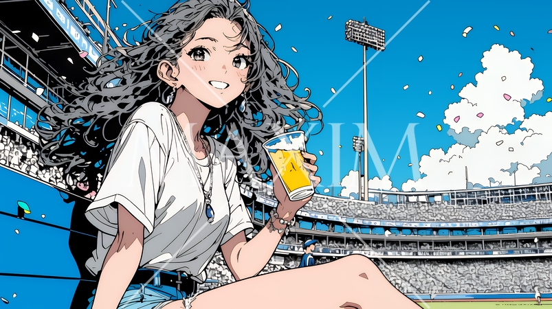 野球などの屋外スポーツを観戦しながら、ビールを楽しむ若い女性。