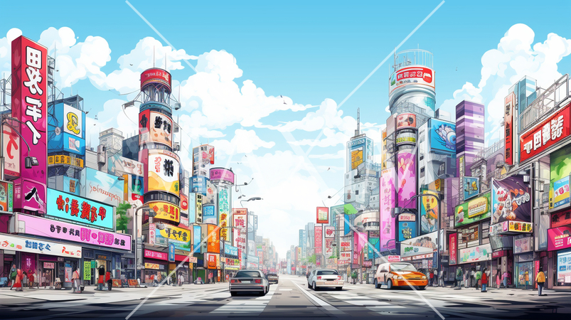 昼の秋葉原のビルの街並みの水彩画