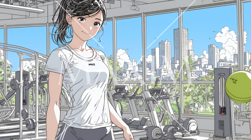 休日にジムで軽く運動する若い女性