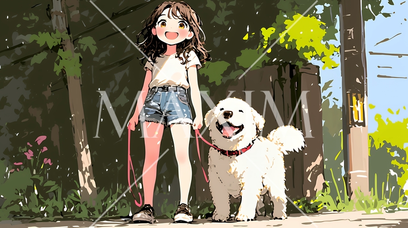 愛犬と散歩をしている女の子（クレヨン＋水彩画風）
