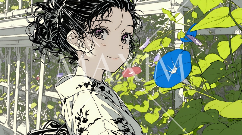 アサガオと浴衣姿の若い女性