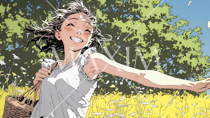 喜びにあふれ、軽やかにスキップする若い女性