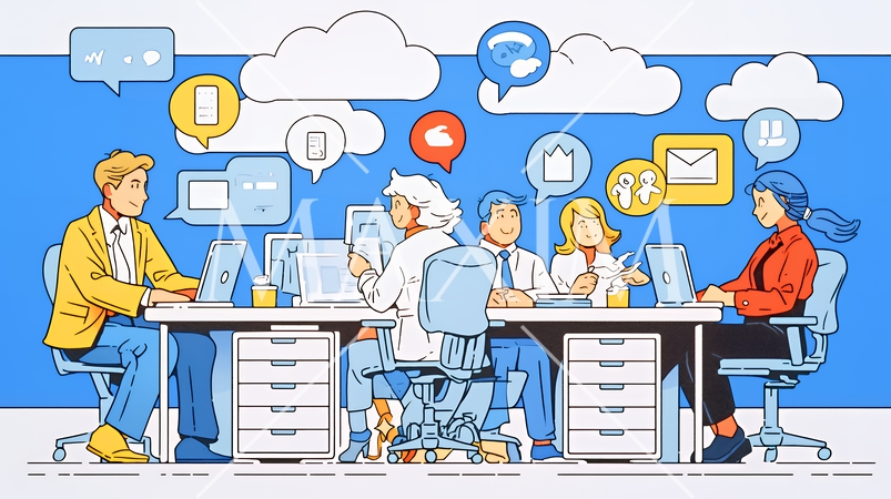 ITビジネスとクラウド技術のコンセプト｜ノートPCで働くチームとデータネットワークのイメージ