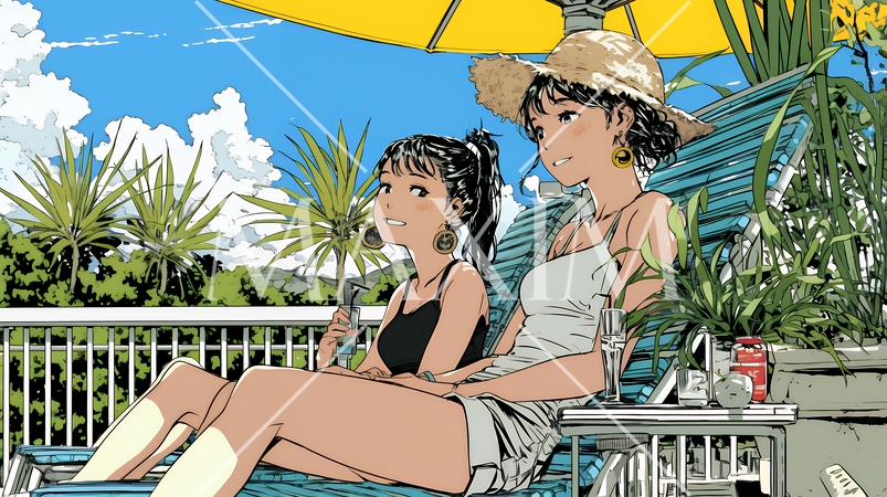 プールサイドのデッキチェアで談笑する女友達たち｜夏のリゾートで過ごすリラックスしたライフスタイルイメ