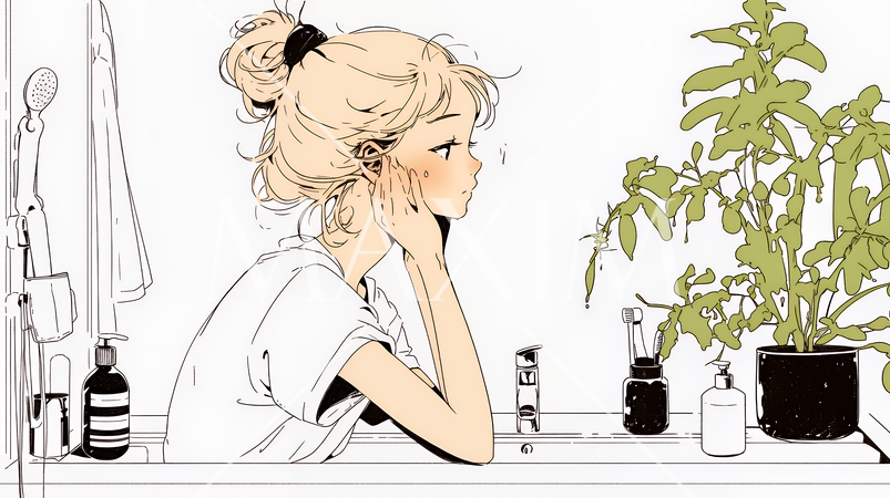 洗面所で朝の洗顔をする女性（シンプルな色使い）