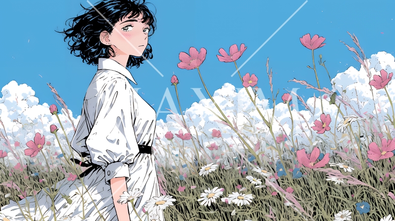 コスモス畑にいる若い女性