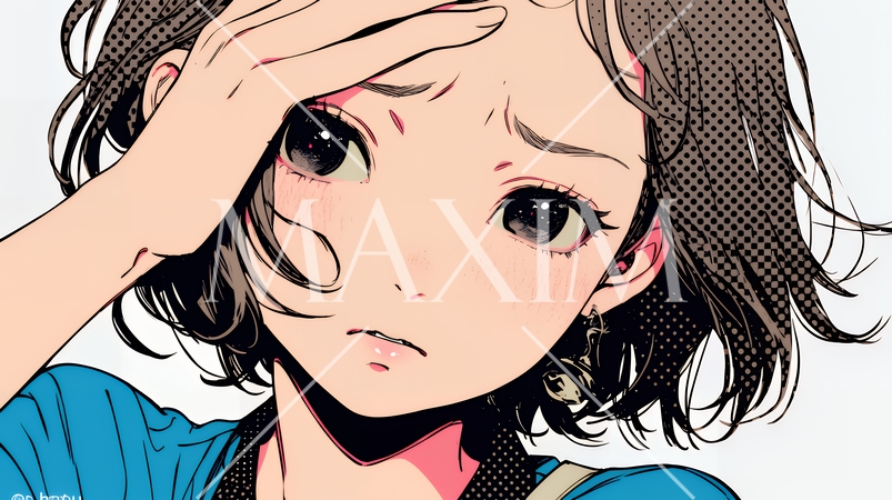 額に手を当てて「困ったな」ポーズをしている若い女性