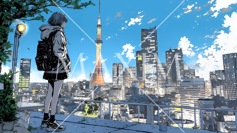 都市の夜景を眺めている女性